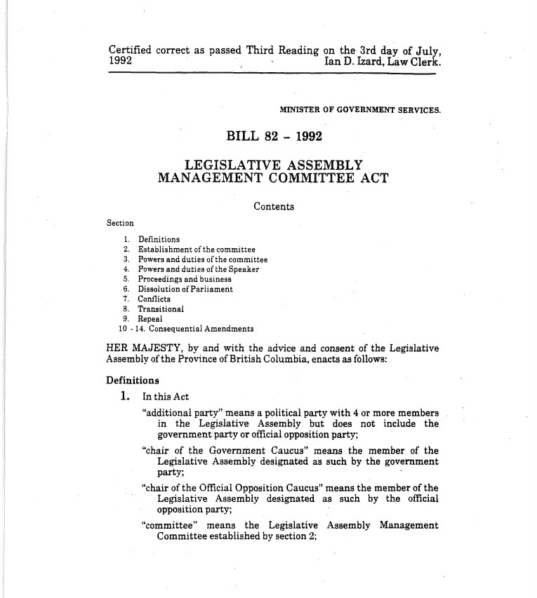 The first page of the Legislative Assembly Management Committee Act as it passed third reading on July 3, 1992.