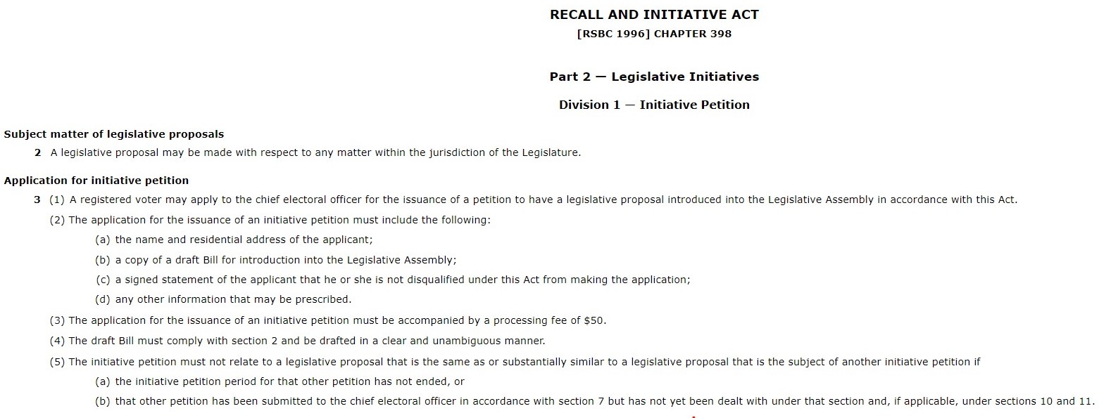 Part 2, Division 1 of the Recall and Initiative Act introduces the foundation for the provincial legislative initiative system.