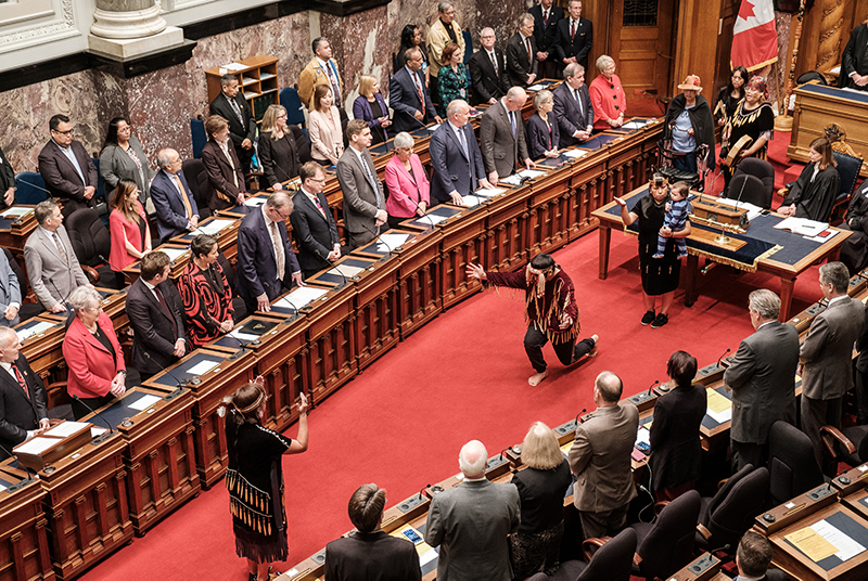 Lekwungen Traditional Dancers perform a prayer song before Bill 41, the Declaration on the Rights of Indigenous Peoples Act, was introduced, October 24, 2019. It was sung in Lək̓ʷəŋin̓əŋ (Lekwungen) and was given to the dancers by the late Ray Peters.