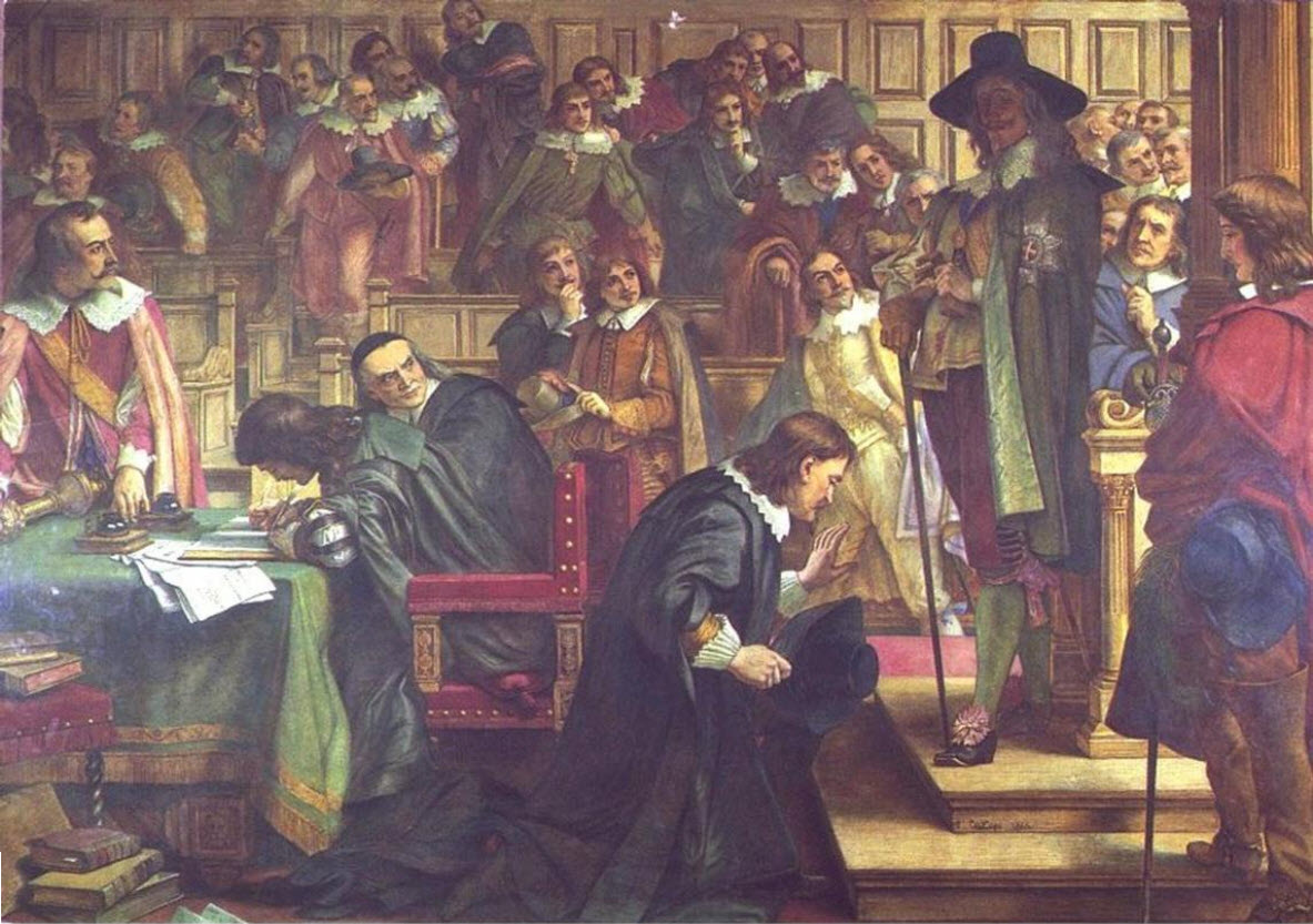 Speaker Lenthall asserting the privileges of the House of Commons against King Charles I when the attempt was made to seize the five Members. Painting by Charles West Cope, 1866.