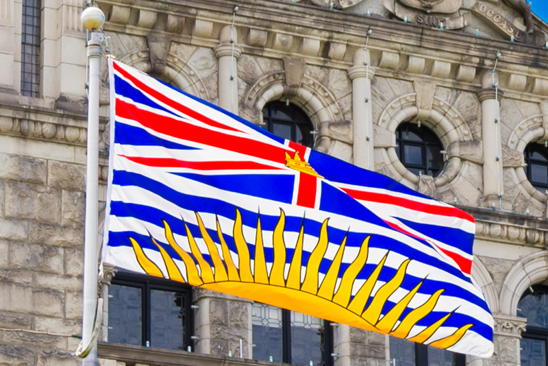 The provincial flag flies throughout the year on the front lawns of the Parliament Buildings.