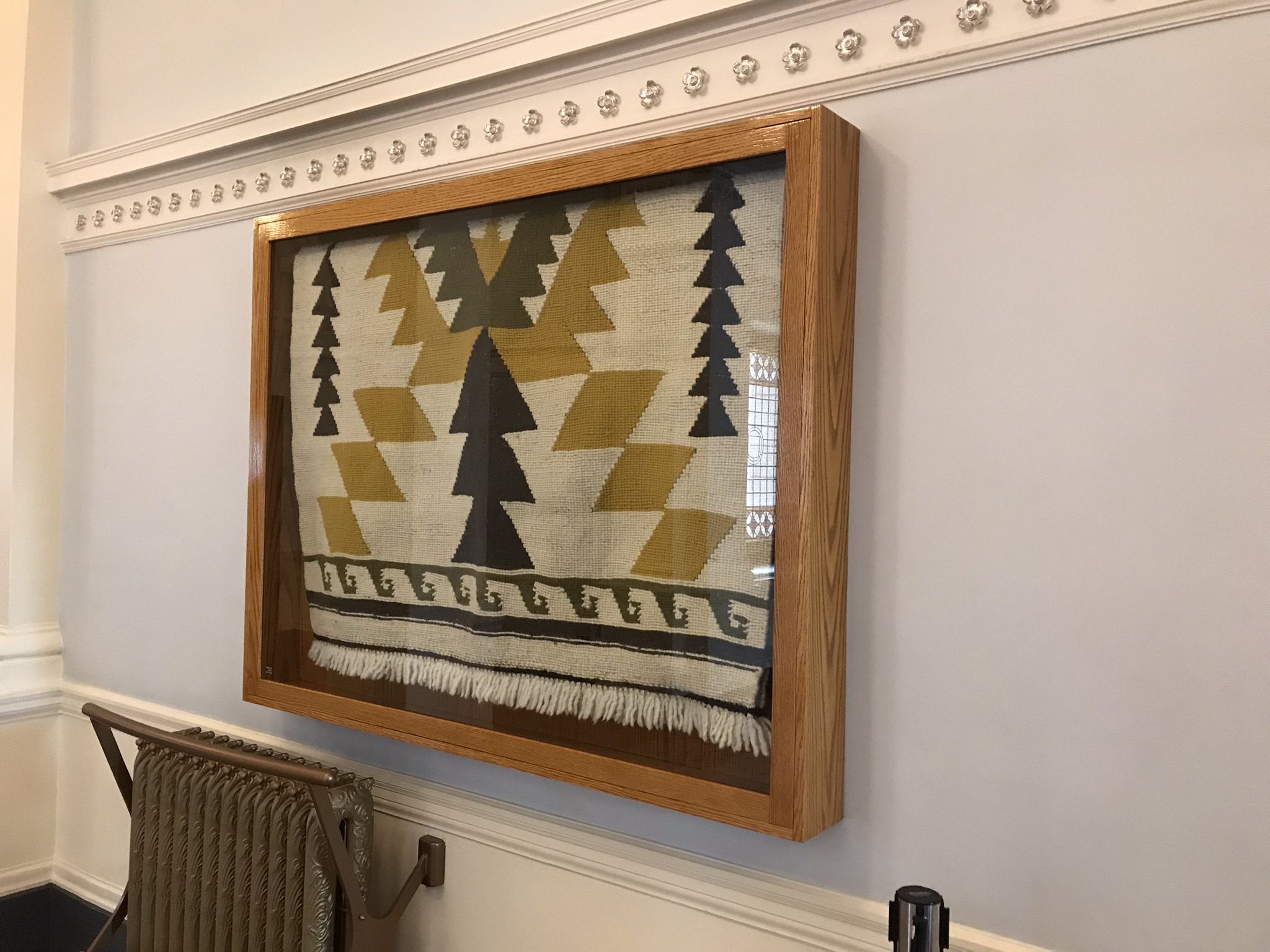 The Shwoq Well Blanket on display in the east hallway of the Parliament Buildings.