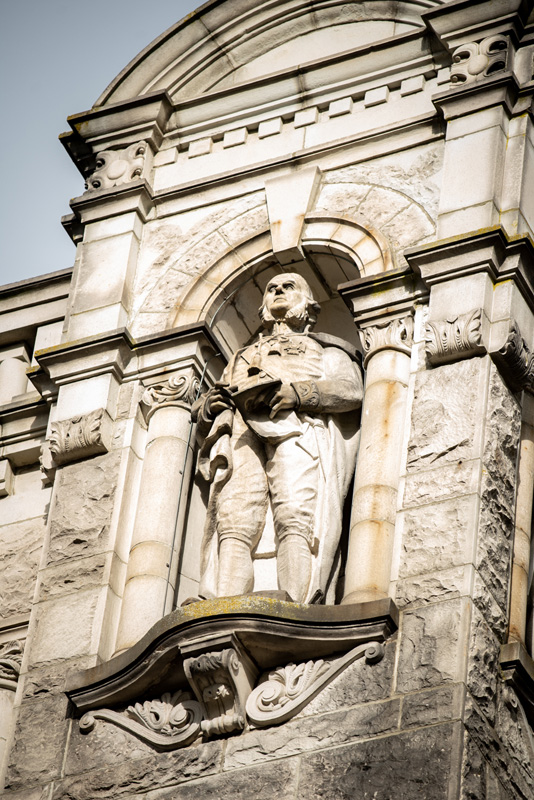 This statue of Sir James Douglas is located on the exterior of the Legislative Library.