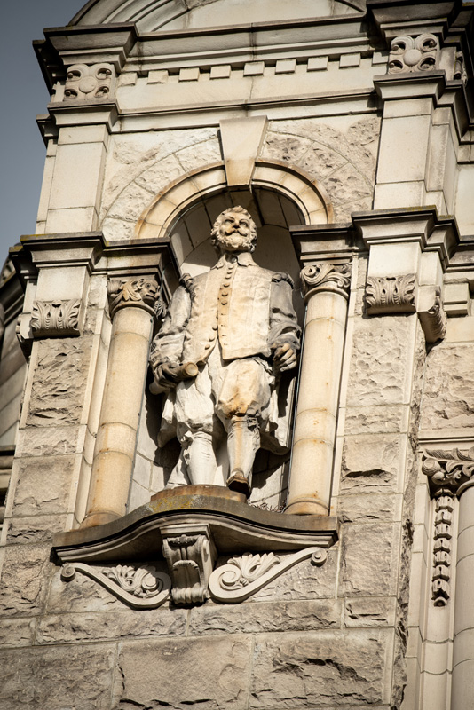This statue of Sir Francis Drake is located on the exterior of the Legislative Library.