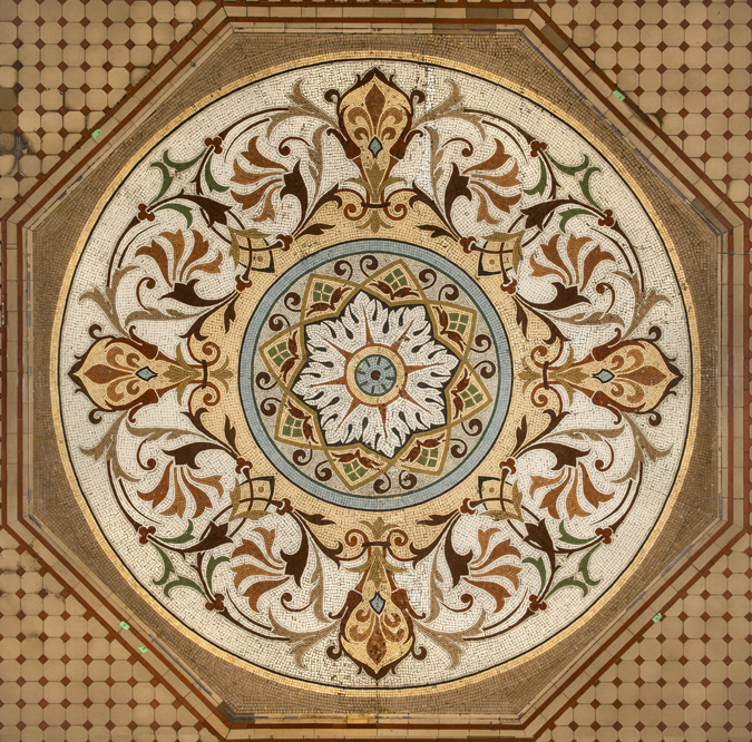 The finely crafted mosaic at the centre of the Lower Rotunda.