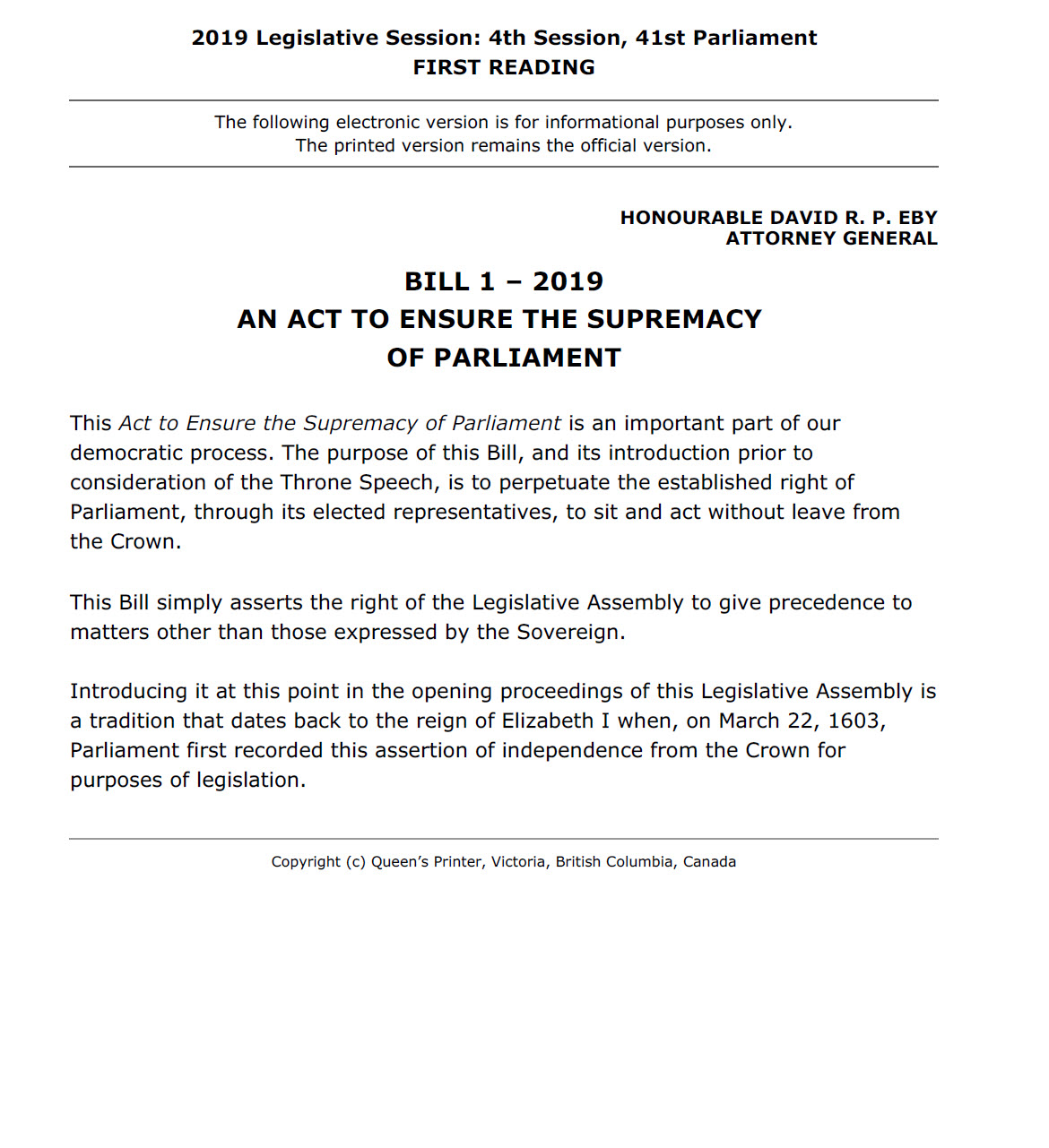 Sample Bill page - Bill 1 - Act to Ensure the Supremacy of Parliament