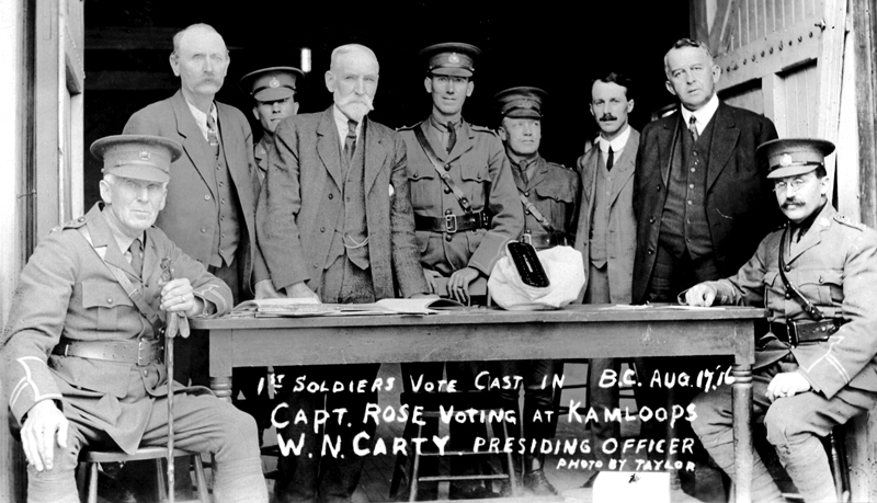 Soldiers in B.C. voting in an advance poll for the 1916 general election and for the referenda on prohibition and womens' suffrage, August 17, 1916.
