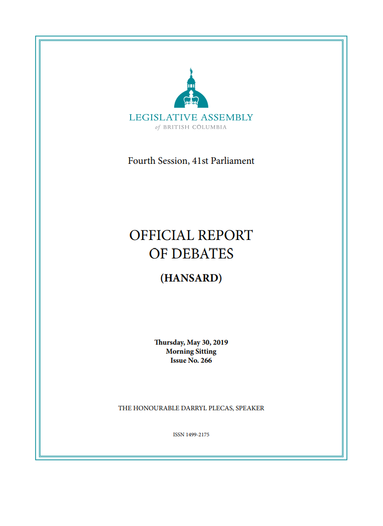 The cover of Hansard's Official Report of Debates from the morning of May 30, 2019.