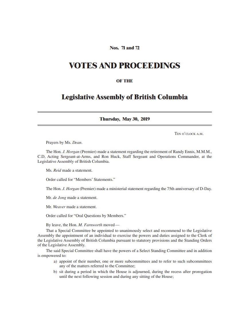 The first page of the Votes and Proceedings on May 30, 2019.