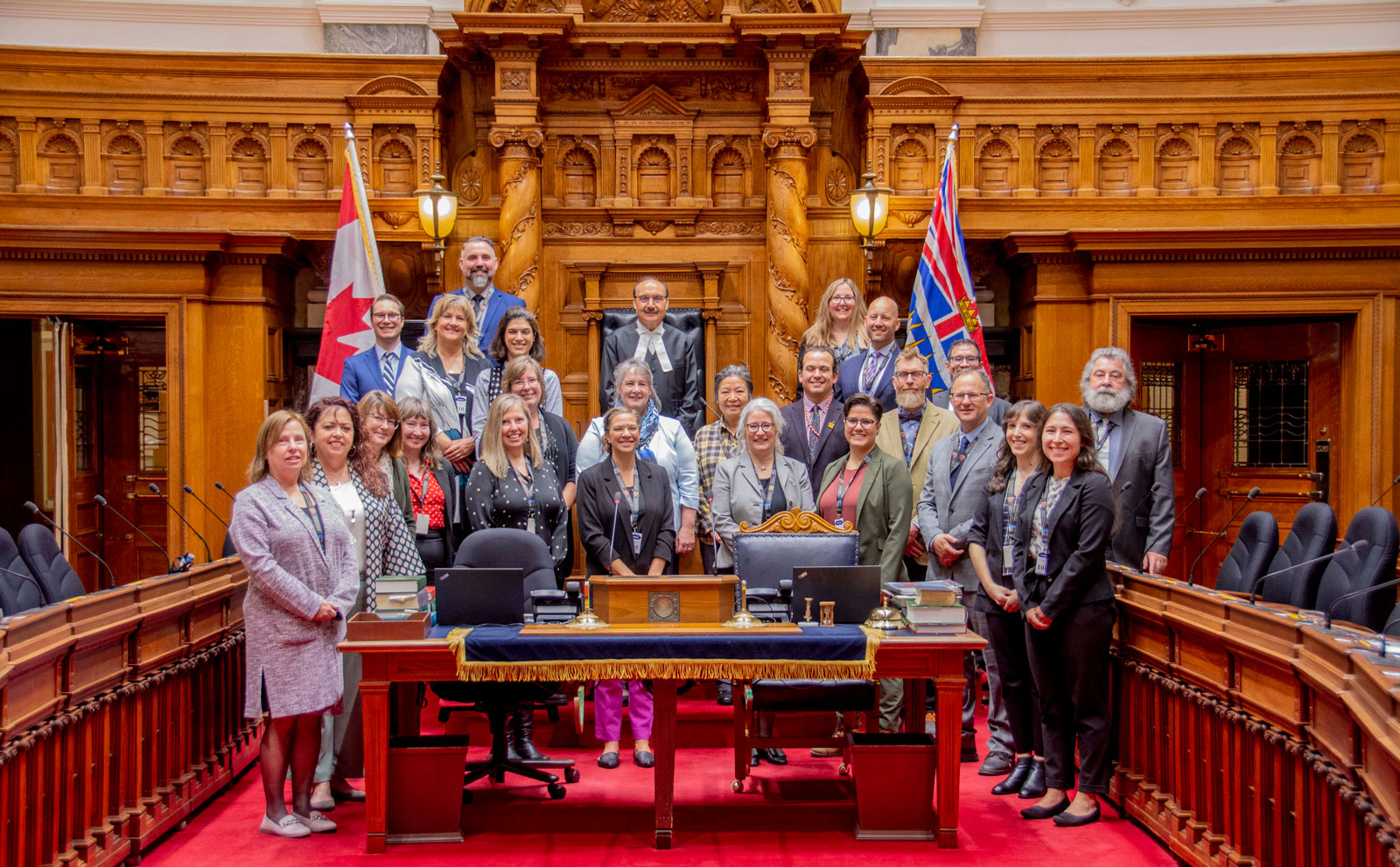 BC Teachers' Institute on Parliamentary Democracy group photo showing the Speaker, staff and 20 smiling participants