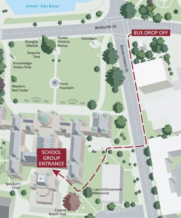 Map: showing how to walk to on Government Street to the back of the building to the school group entrance and the bus drop off location on Belleville Street