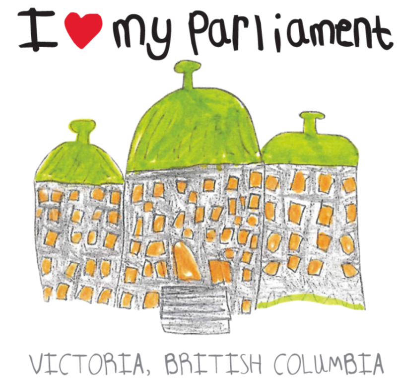 Child's interpretation of the the Legislative Assembly building with the words, "I love my Parliament" above.