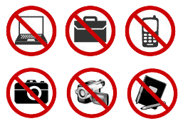 Graphic showing all the banned objects in the gallery: laptops, briefcases, cell phones, cameras, video cameras and pen/paper