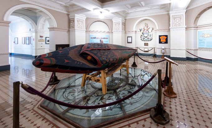 Hand-carved canoe (Shxwtitostel) in the Lower Rotunda of the Parliament Buildings