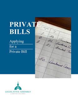 Cover page of PDF that says Applying for a Private Bill, blue background with Legislative logo on the bottom left 