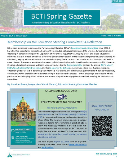 BCTI Gazette: A Parliamentary Education Newsletter for BC Teachers, May 2024 edition
