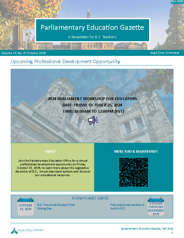 BCTI Gazette: A Parliamentary Education Newsletter for BC Teachers, October 2024 edition