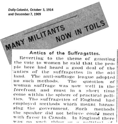 Newspaper clipping that says, "Many Militants Now in Toils" and "Antics of the Suffragettes"